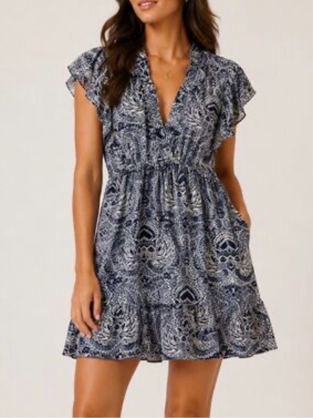 Sundance Boho Paisley Mini Dress Small V-Neck Ruffle Sleeve Pockets Small
